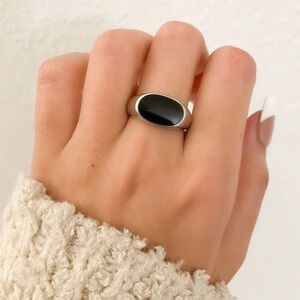 925 Sterling Silver Black Oval Ring Dainty Ring Geometric Minimalist Ring
